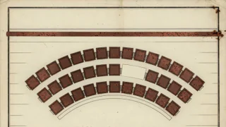 Engraved plan of a hemicycle of copper seats, one seat left as blank paper.